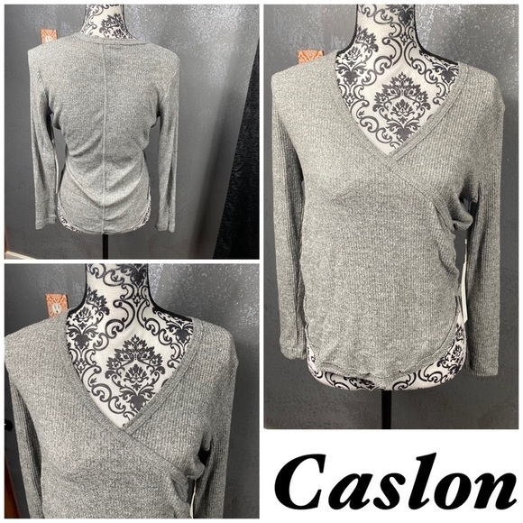 Caslon Rib Crossover Faux Wrap Blouse.  Soft lightweight.  Gray Heather - Picture 1 of 12